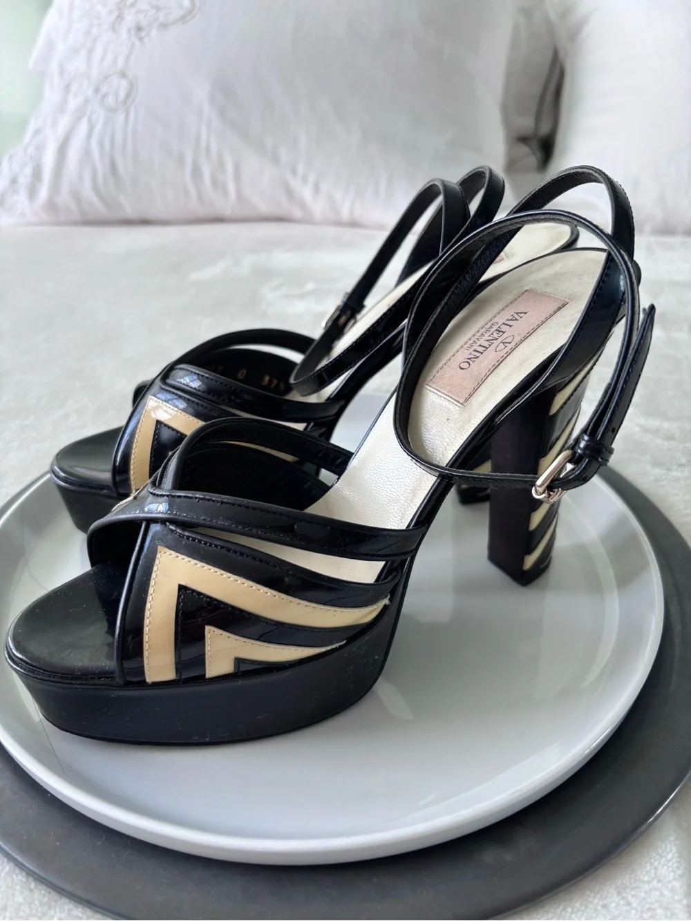 Valentino Garavani Black and Beige Patent Platform Slingback Heels